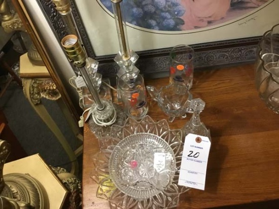 Pair of 1940s Heavy Leaded Crystal Lamps, Baby Duck Bell, Sports Glasses, and Serving Dishes