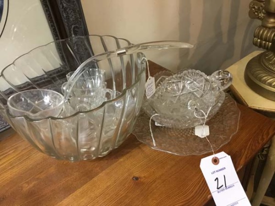 Large Crystal Swirl Punch Bowl w/ Ladle &  Cups