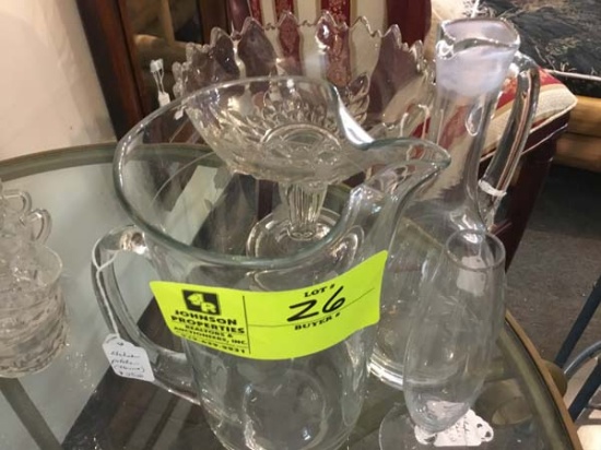 Floral Etched Glass Decanter and Pitcher, both Applied Handles, and Antique Pressed Pedestal