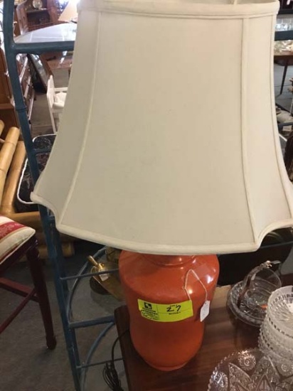 1950s Large Deep Orange Colored 3 Bulb Lamp with Interior Glass Shade and Fabric Shade; 28.5" tall