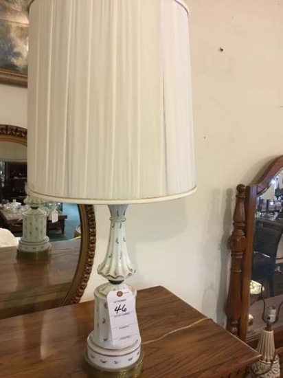 Tall Vintage Handpainted Milk Glass Lamp with Metal Base; 33" tall with shade