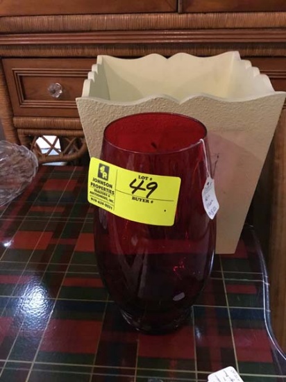 Ruby Red Glass Extra Tall Flower Vase and Floral Designer Waste Paper Bin