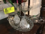 Half Shelf of Cut Glass includes Roses Compote, Nappy Dish, Divided Dish, & Pair of Pear Covered Box