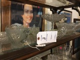 Shelf of Cut Crystal Compote, Nappy Dish, Iris Creamer, and Large Fruit Bowl