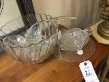 Large Crystal Swirl Punch Bowl w/ Ladle &  Cups