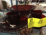 Large Ruby Red Salad Bowl, Ruby Red Flat Matching 2 Creamers and Sugar