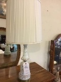 Tall Vintage Handpainted Milk Glass Lamp with Metal Base; 33
