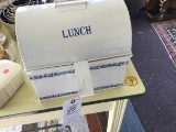 Large Cream and Blue Metal Enamel Lunch/Bread Box with Tray; 12