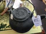 Antique Flower Pattern Top Cast Iron Tea Kettle with Lid (cracked); 8