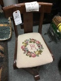 Antique Walnut Piano Swivel Chair with Needlepoint Seat; 30