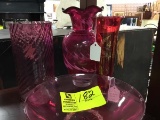 4 Piece Hand blown Cranberry Glass with Swirl Vase, Berry Bowl, Heart Vase, and Ruby Red Vase lot