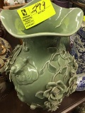 Unique Tall Green Asian Porcelain Vase with Double Bird Head Handles and Raised Flowers, 18.5