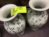 Pair of Handpainted Round Porcelain Vases with birds, vines, and roses pattern; 14