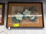 Original 1960s Magnolia Flower Chalk Pastel Picture in wood frame, 30