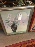 Large Decorator Print Orchids with Vase, Black and Green, in Brushed Silver Frame