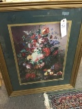 Matted Gold Framed Floral, Green with Red, Decorator Print, 33.5