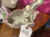 Vintage Handpainted Signed Occupied Japan Bisque Figurine Cherub with Pink and Green Chariot