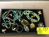 Lot of Vintage Rhinestone Squirrel, Dog, Flag, Flower Pins, Green Pearl Glass Necklace