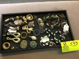Lot of Vintage Jewelry includes rhinestone brooches, genuine pearl and green stone necklace