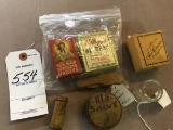 Lot of Vintage Items including Cardboard Cereal Boxes, Medicine Tins, Glass Bottles, Ice Cream Box