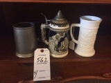 3 Piece Lot of steins including Pewter, Westmoreland Milk Glass, and Pottery Stein
