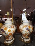 Pair of Large Tall Painted Oriental Porcelain Crackle Design Orange and Blue Floral Table Lamps