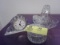 Group of Glass Items including Quartz Clock, Basket with Handle, 2 Covered Dishes