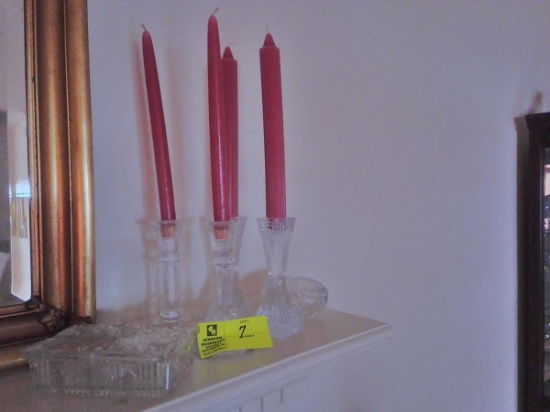 2 Pair of Glass Candlesticks 7" tall with New Pink Candles & 2 Cut Glass Covered Decorative Dishes