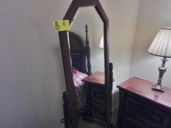 Oak Framed Beveled Standing Mirror, 60" tall x 25" wide (some damage to left foot)