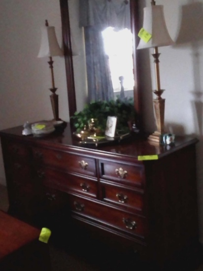 Bassett Dresser, 62" long x 20" wide x 33" tall, 10 Drawers, with Matching Mirror