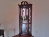 5 Sided, Lighted Corner China Cabinet with Beveled Glass Door, Brass Pull, and 5 Shelves