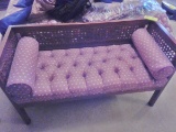 End of Bed Bench, wood with Rattan, Upholstered Tufted Seat Cushion
