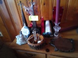 Group of Decorative Items including Nut Bowl, Hot Plate, Glass Candlestick Holders, and Vase