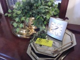 Group of Brass Covered Planter, Brass Tray, and 2 Mirrored Trays for Dresser