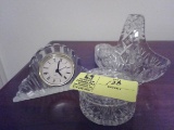 Group of Glass Items including Quartz Clock, Basket with Handle, 2 Covered Dishes