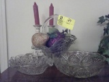 Group- Glass Basket with Handle, Glass Bowl, Glass Dish, Pair of Porcelain Candle Sticks