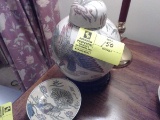 Round Urn with Lid, Oriental Design, Bird & Plants on Wood Stand with small Oriental Dish on Stand