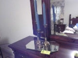 Beveled Mirror Tray with 3 heavy matching Brass Candle Sticks: 9