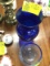 2 Piece Lot of Vintage Blue Glass; includes Tall Vase and Etched Leaf Bowl