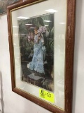Victorian Picture of Woman in Blue Dress with Flowers in Wooden Frame
