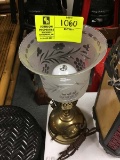 Brass Tea Pot Lamp with Etched Glass Shade