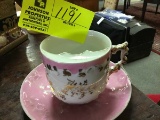 2 Piece Lot of Large, Rare Pink and White Porcelain Mustache Cup with Matching Saucer