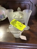 4 Piece Lot of Vintage Frosted Glass Hand painted Dresser Items; includes Frosted Ash Tray Scuttle