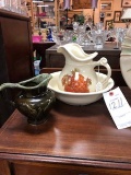 2 Piece Lot of Vintage Signed McCoy Pineapple Pitcher and Bowl and Signed Hull Green Eagle Pitcher