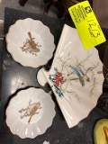 3 Piece Lot of Signed Japanese Hand Painted Porcelain Bird Dishes and Porcelain Wall Hanging Fan