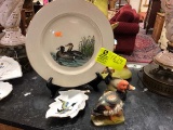 4 Piece Lot of Porcelain Ducks; includes Figurines, Hand painted Dish, and Hand Colored China Plate