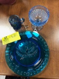 3 Piece Lot of Vintage Blue Art Glass; includes Eagle Tray, Mug, and Hobnail Goblet