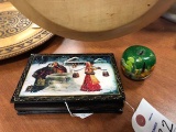 2 Piece Lot of Hand Painted Russian Lacquer Jewelry Box and Wooden Apple