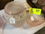 Set of Pink Frosted Depression Glass Vase and Footed Bowl