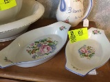 3 Piece Lot, Signed Italy, Hand painted Porcelain Chicken Pitcher and Floral Casserole Dishes